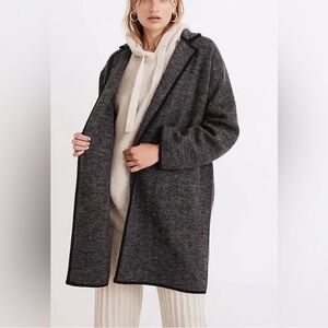 Madewell Herringbone Courton Sweater Coat in gray merino wool with black trim XL